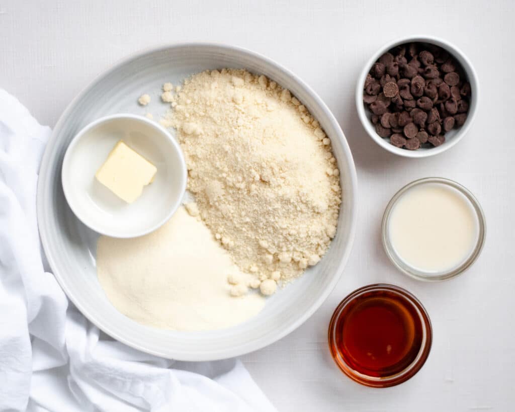 Top down view of the ingredients needed for edible cookie dough.
