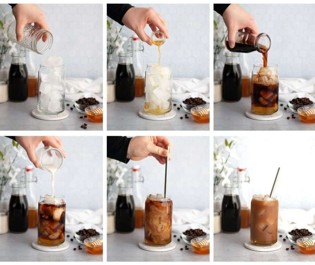 6 image collage showing how to make a honey almondmilk cold brew coffee.