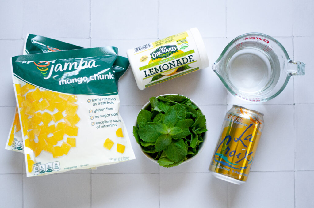 ingredients needed to make this blended lemonade with mango and mint.