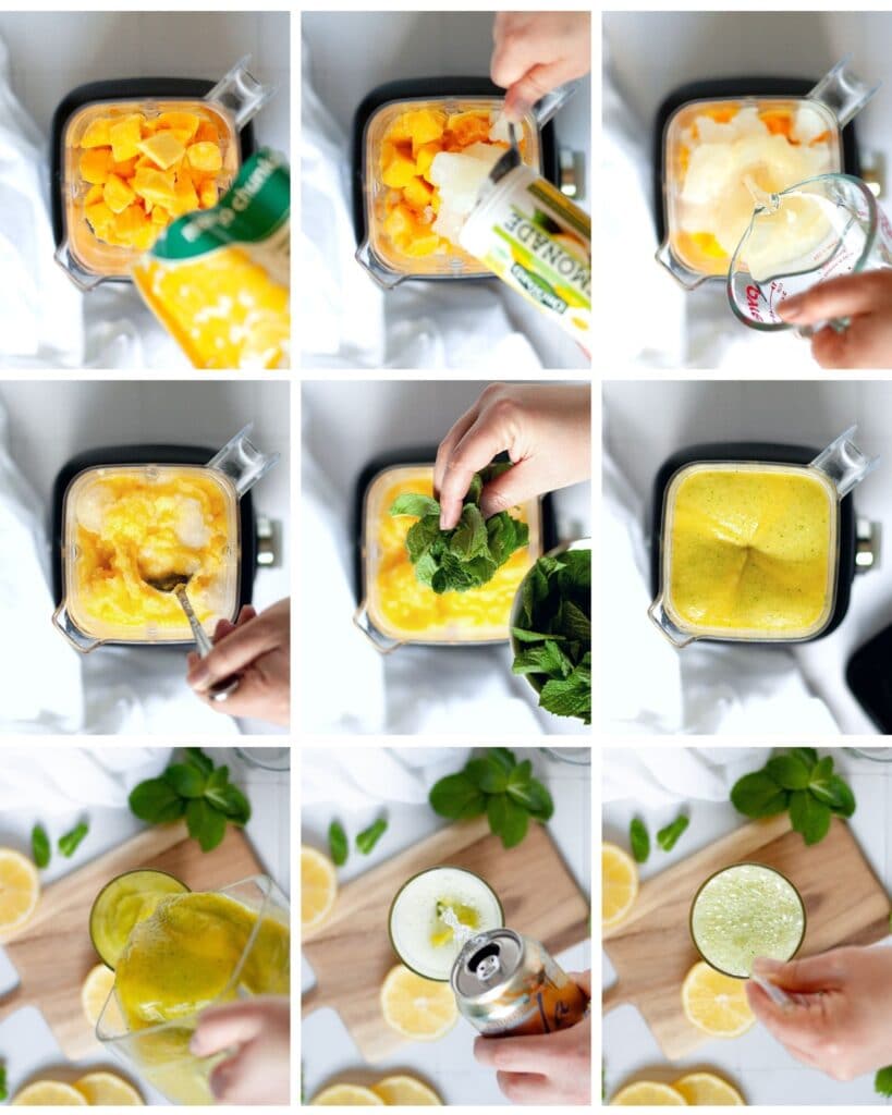 9 image collage showing the steps for making the lemonade with mango and mint in a blender.