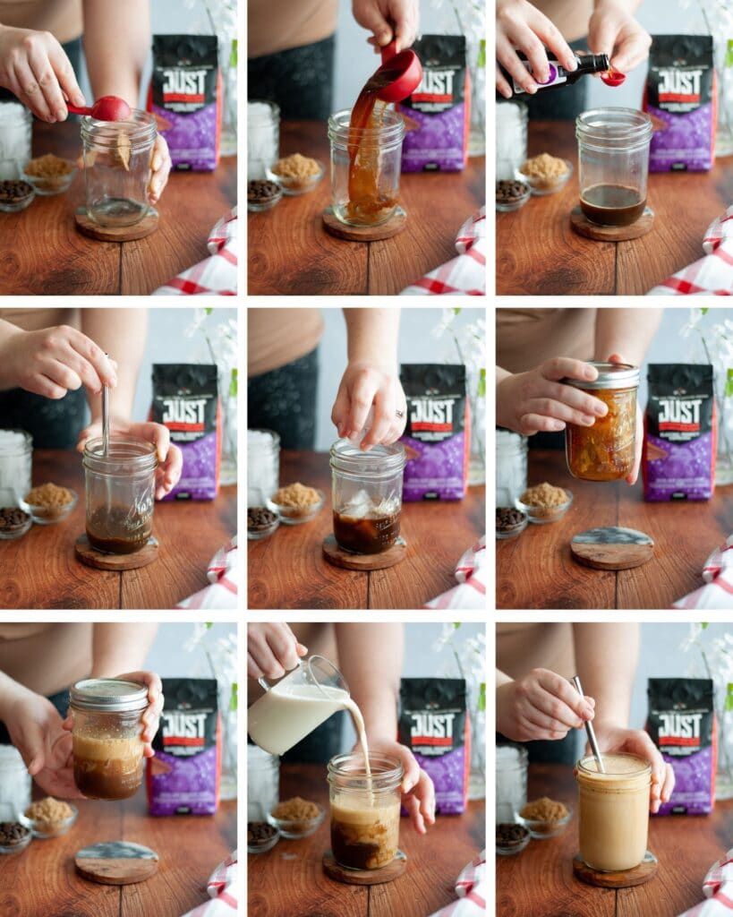 A 9 image collage showing how to make this Brown Sugar Shaken Espresso Recipe.