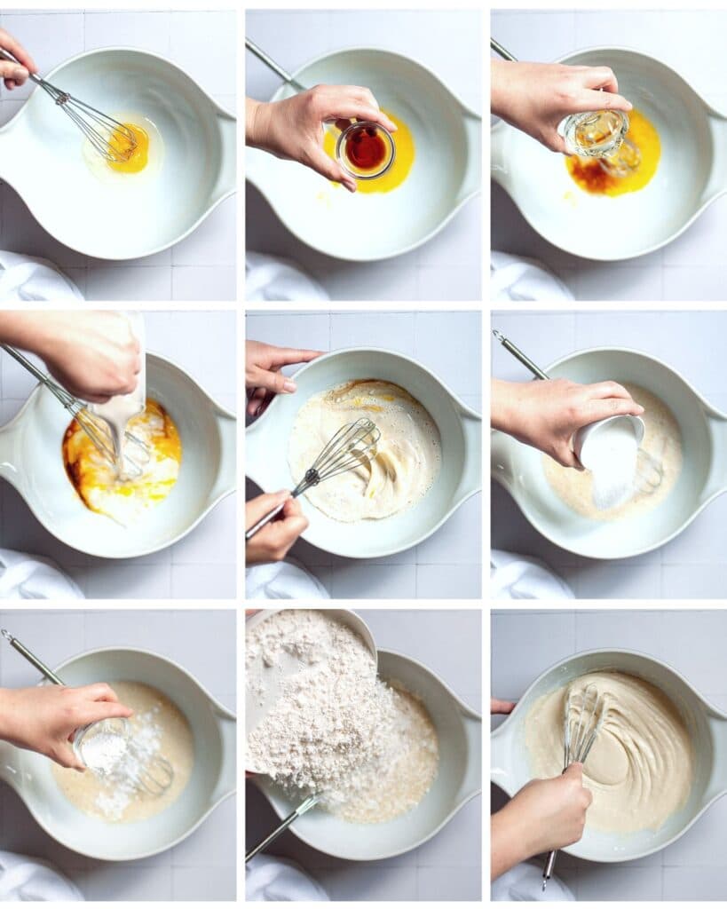 9 image collage showing how to mix up this oatmilk pancake batter