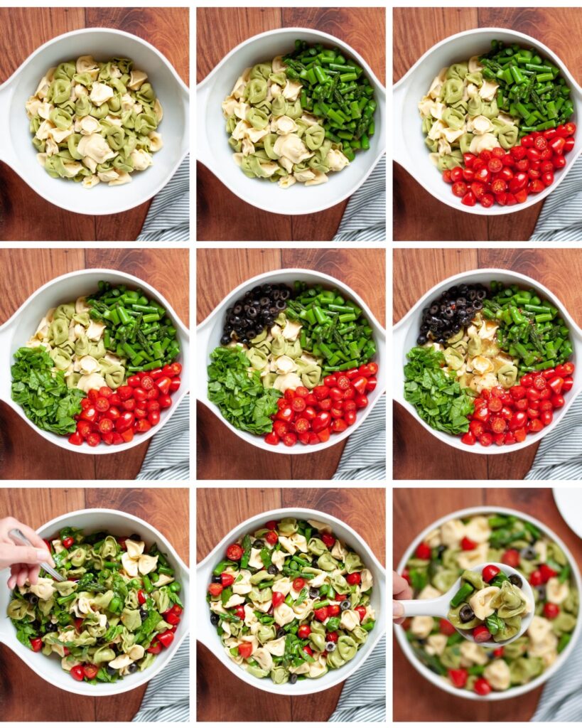 9 image collage showing the process of how to make tortellini salad