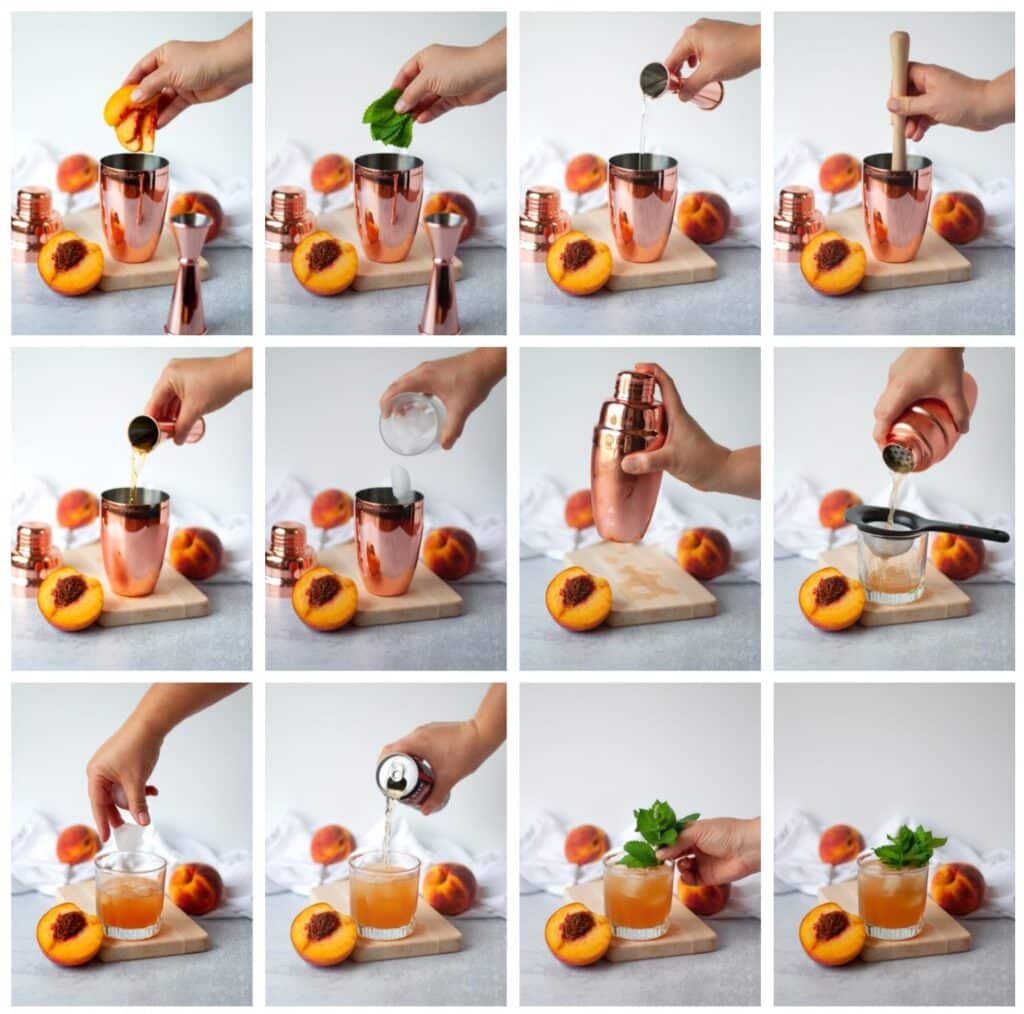 12 image collage showing how to make a peach bourbon smash cocktail