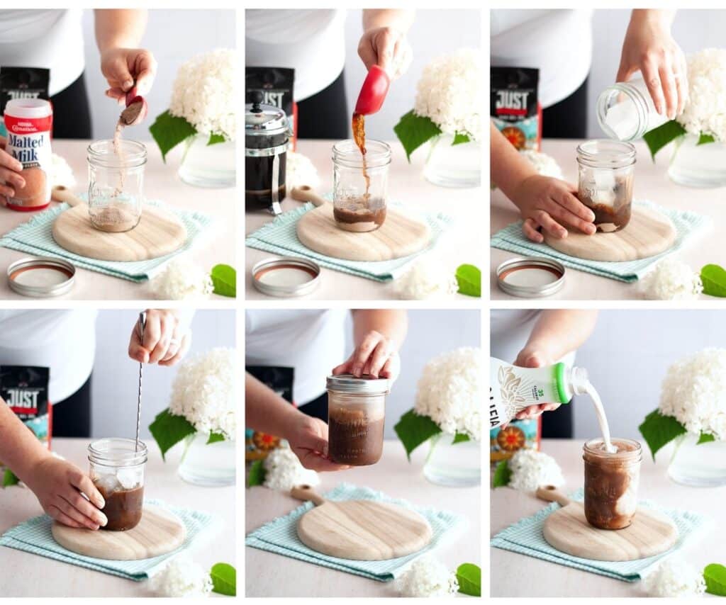 6 image collage showing how to make an iced chocolate almondmilk shaken espresso