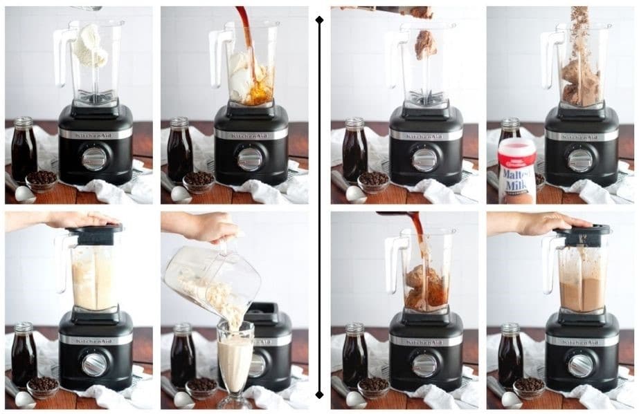 side by side 4 image collages showing how to make coffee milkshakes, vanilla on the left and chocolate on the right.