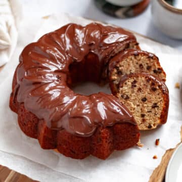 Feature image for banana chocolate chip bundt cake.