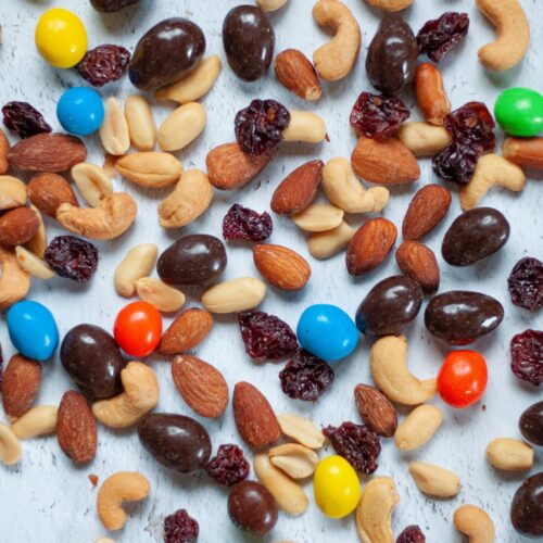 Close-up of the ingredients used in homemade trail mix.