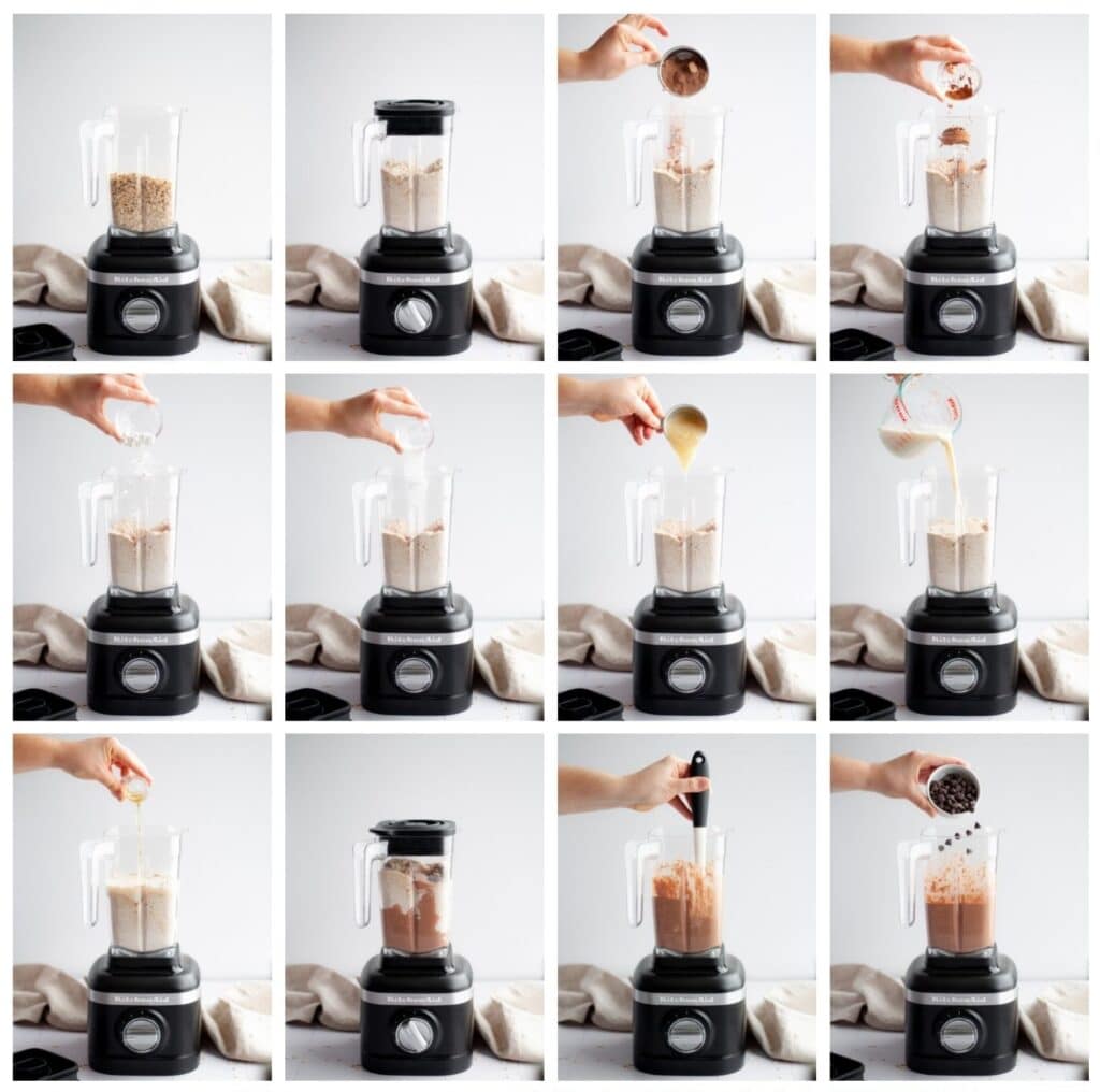 9 image collage showing how to make chocolate protein pancakes without banana