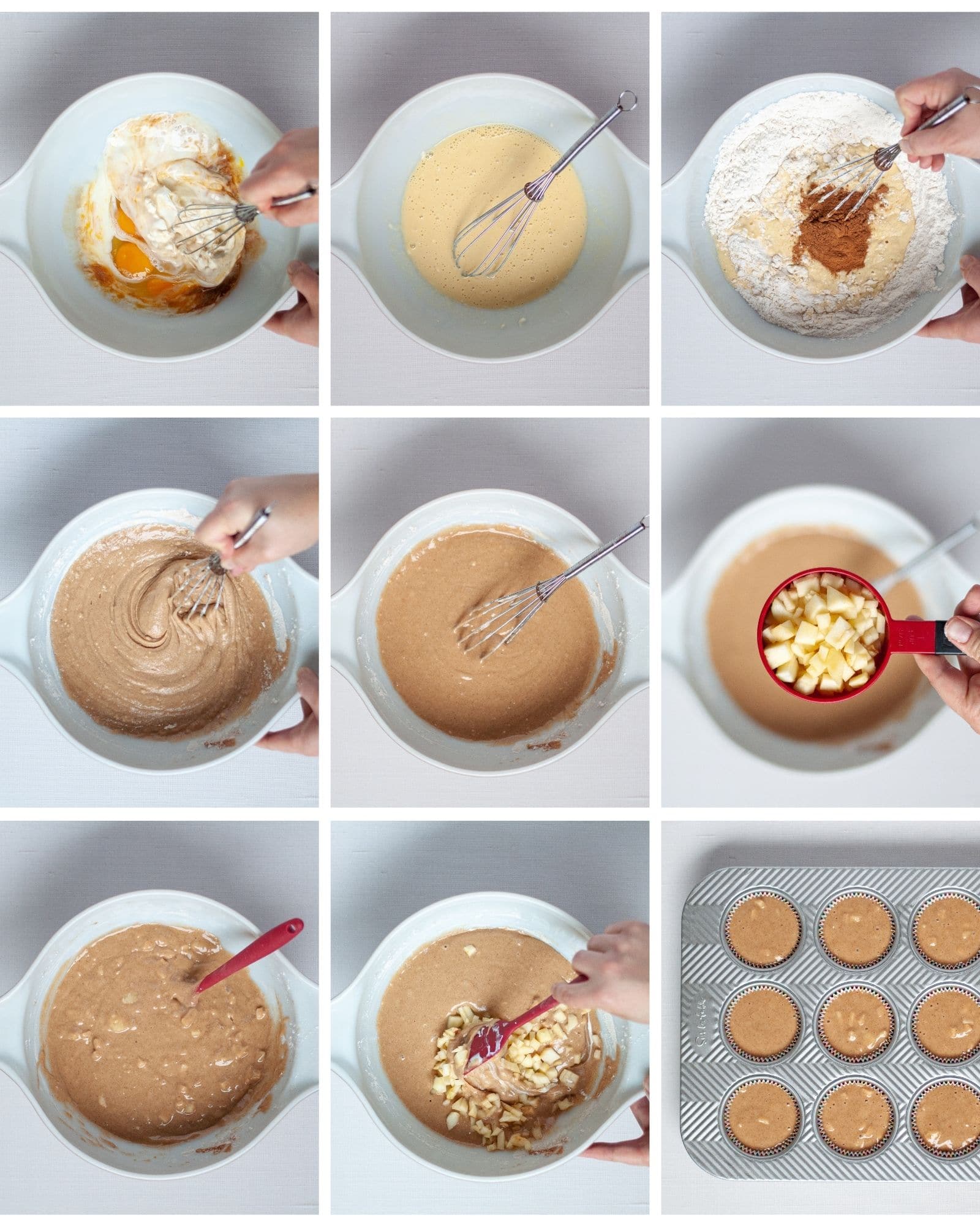 Collage of process shots showing how to make this apple cinnamon cupcake recipe through putting the batter into the lined muffin tins.