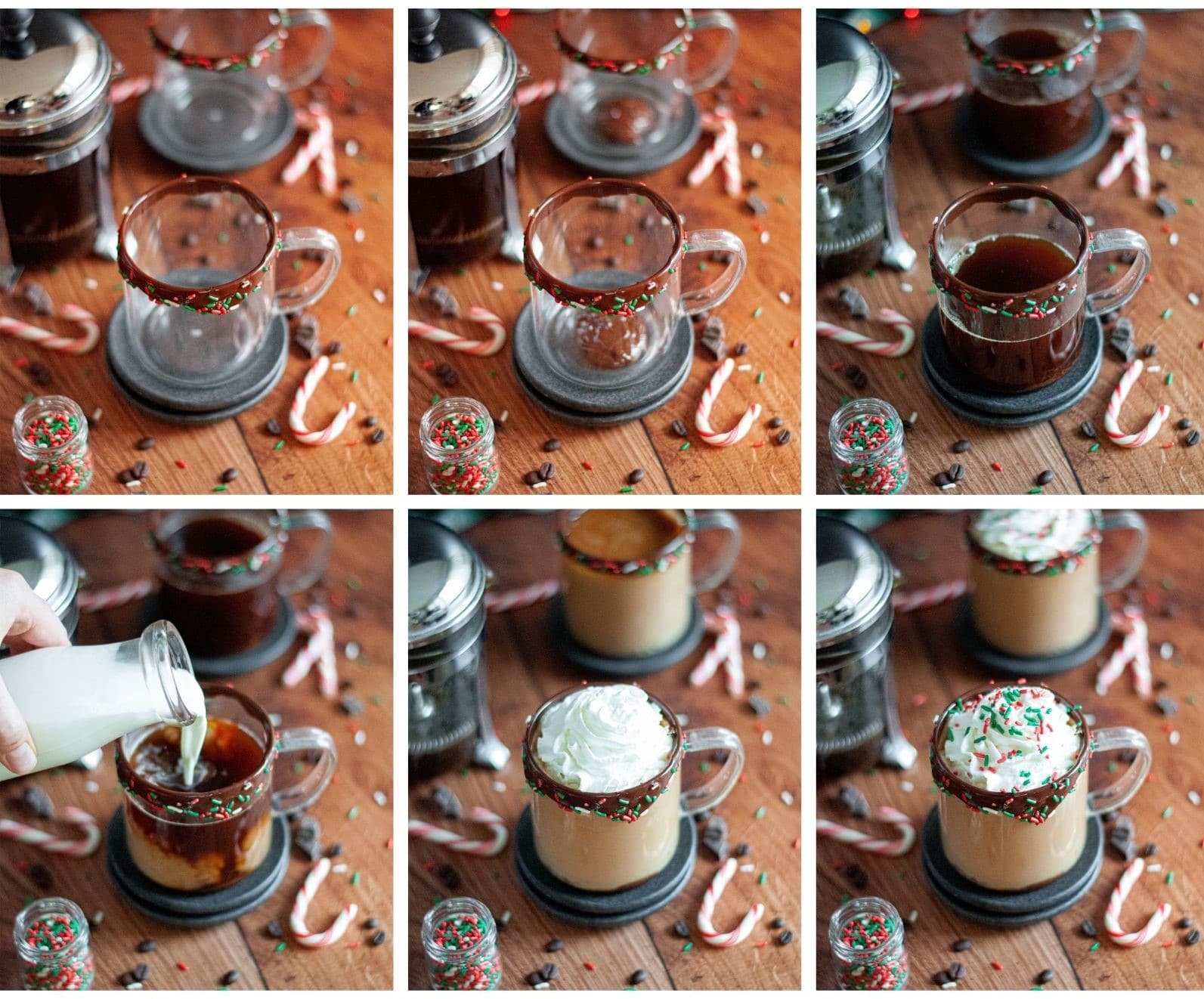 This is a collage of 6 images showing the process to make this festive alcoholic coffee drink with peppermint schnapps and Kahlua.