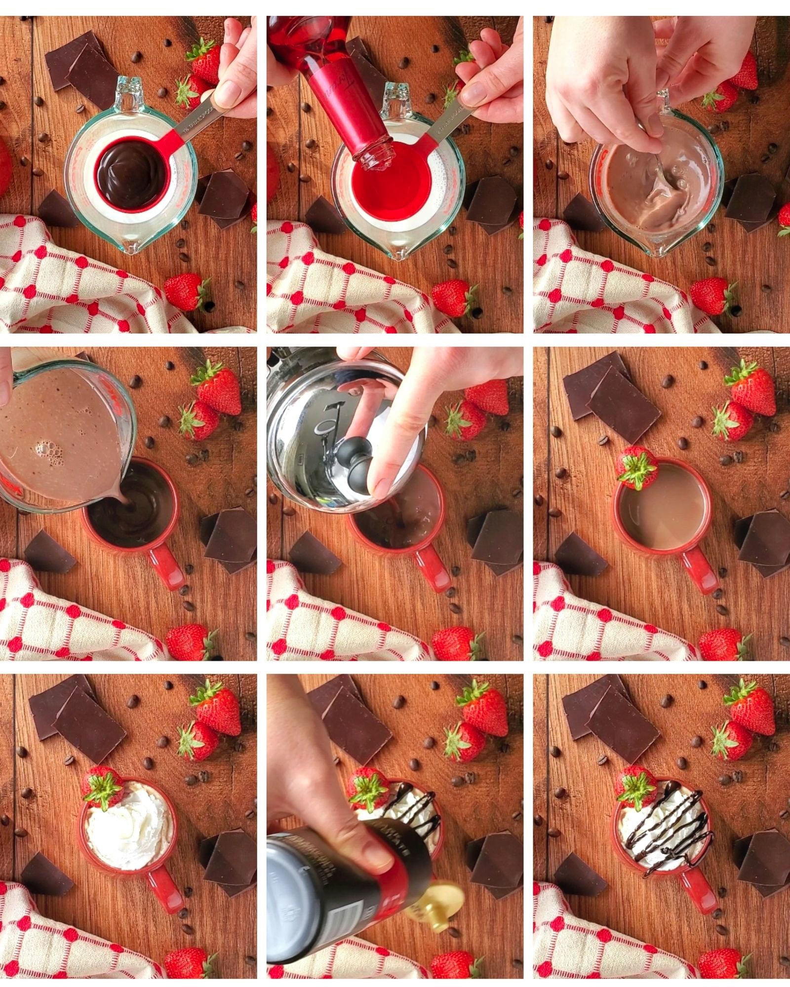 9 image collage showing you how to make this valentines chocolate covered strawberries coffee step-by-step.
