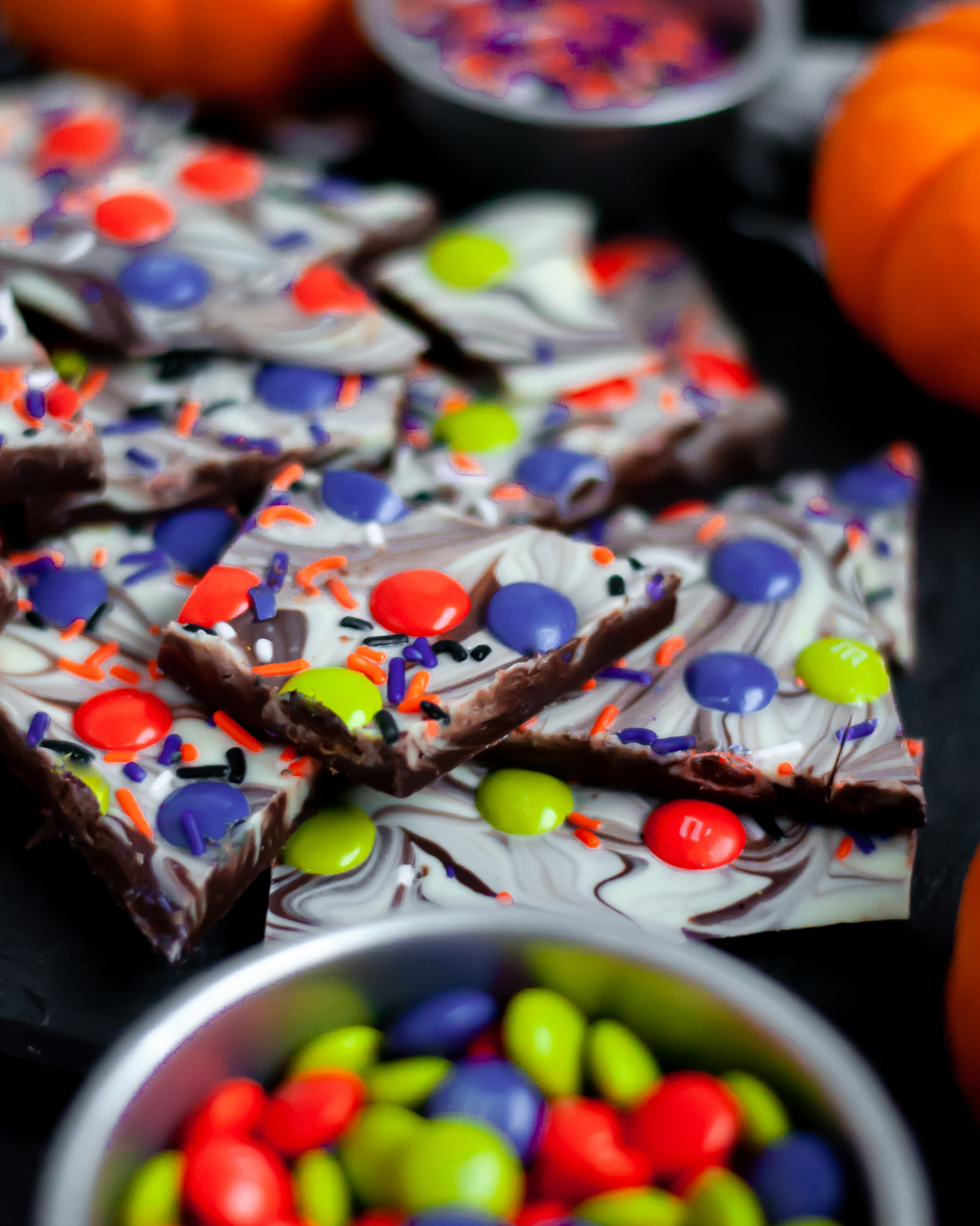 A head-of view of this Halloween bark, showing the different chocolate layers.