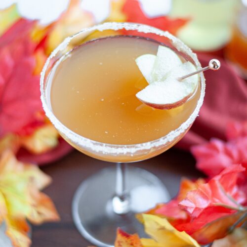 coupe glass filled with this apple cider mocktail recipe. the glass has a spiced sugar rim and is garnished with slices of apples.