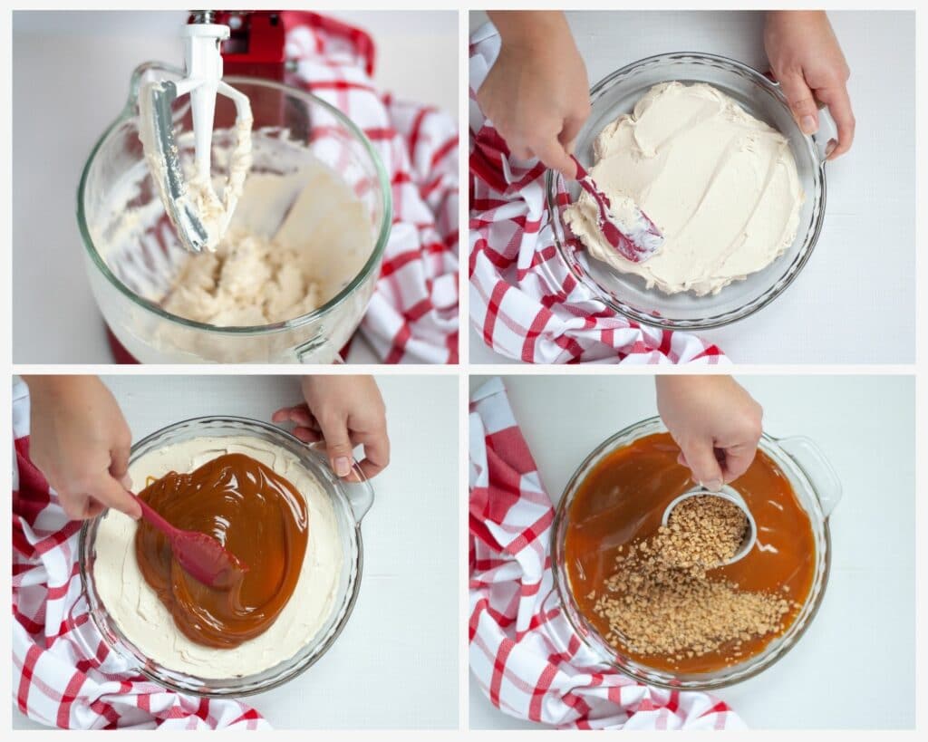 Collage showing the process for making caramel apple dip. Mixing cream cheese and sugar, spreading into a pie plate, covering in caramel sauce, and topping with toffee bits.