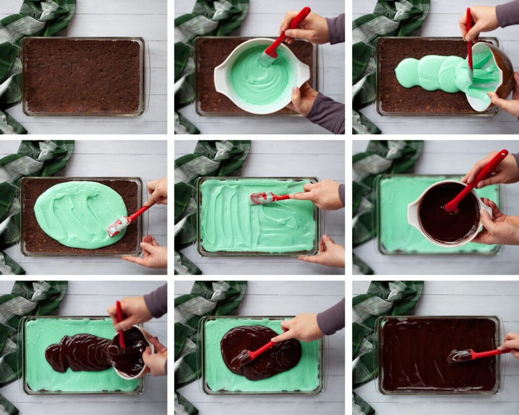 9 image collage showing the process of making this chocolate mint bars recipe. Shows the green creme de menthe layer being poured and spread over the bottom chocolate graham cracker layer. And the chocolate ganache being poured and spread over the creme de menthe layer.