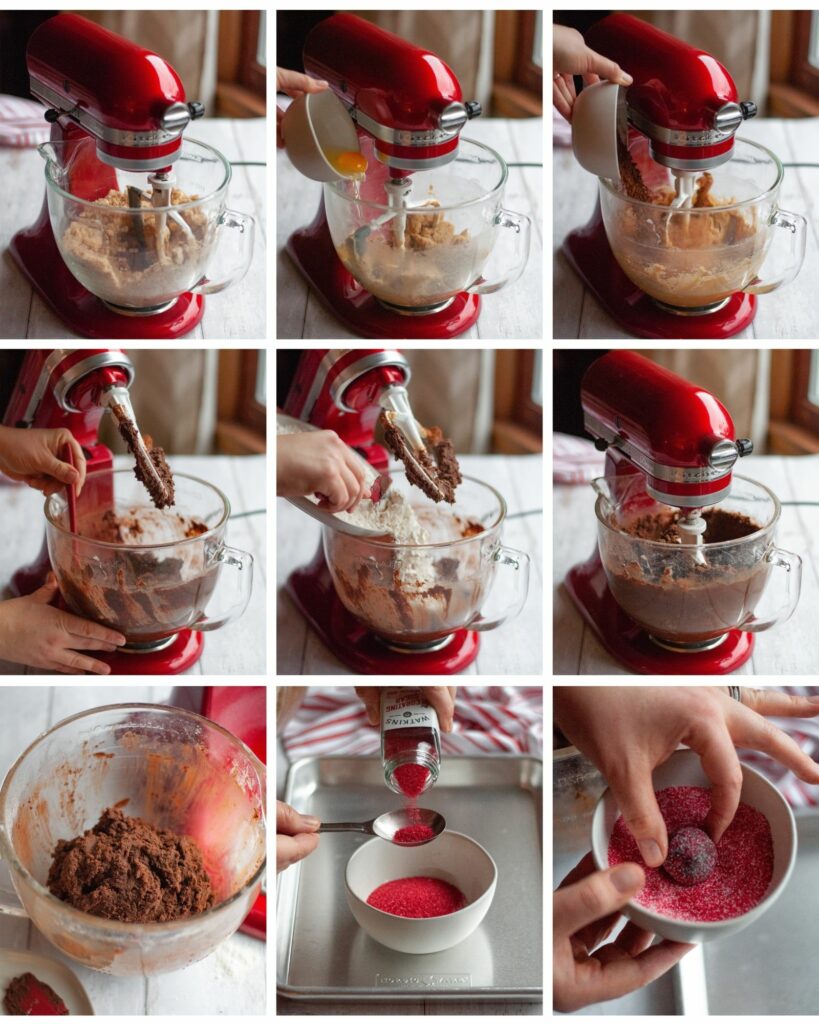 9 image collage showing steps on how to make chocolate peppermint kiss cookies.