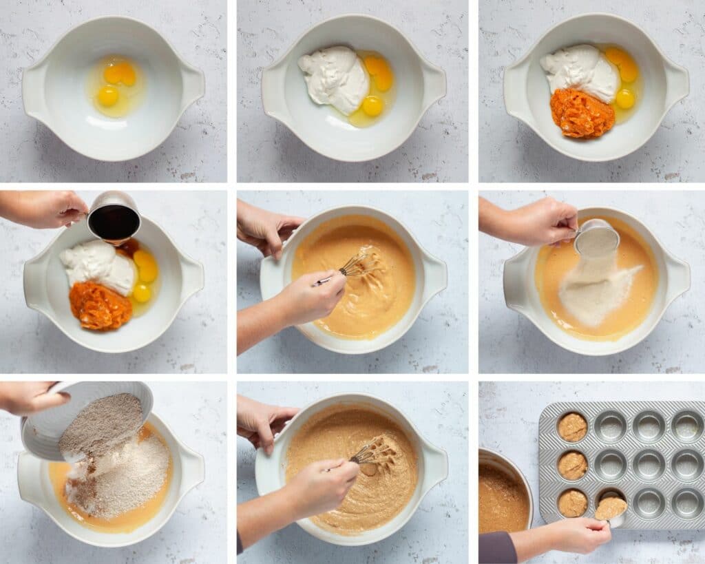 9 image collage showing the steps for making these healthy pumpkin muffins. Includes mixing of wet ingredients, mixing in dry ingredients, and spooning batter into greased muffin tins.
