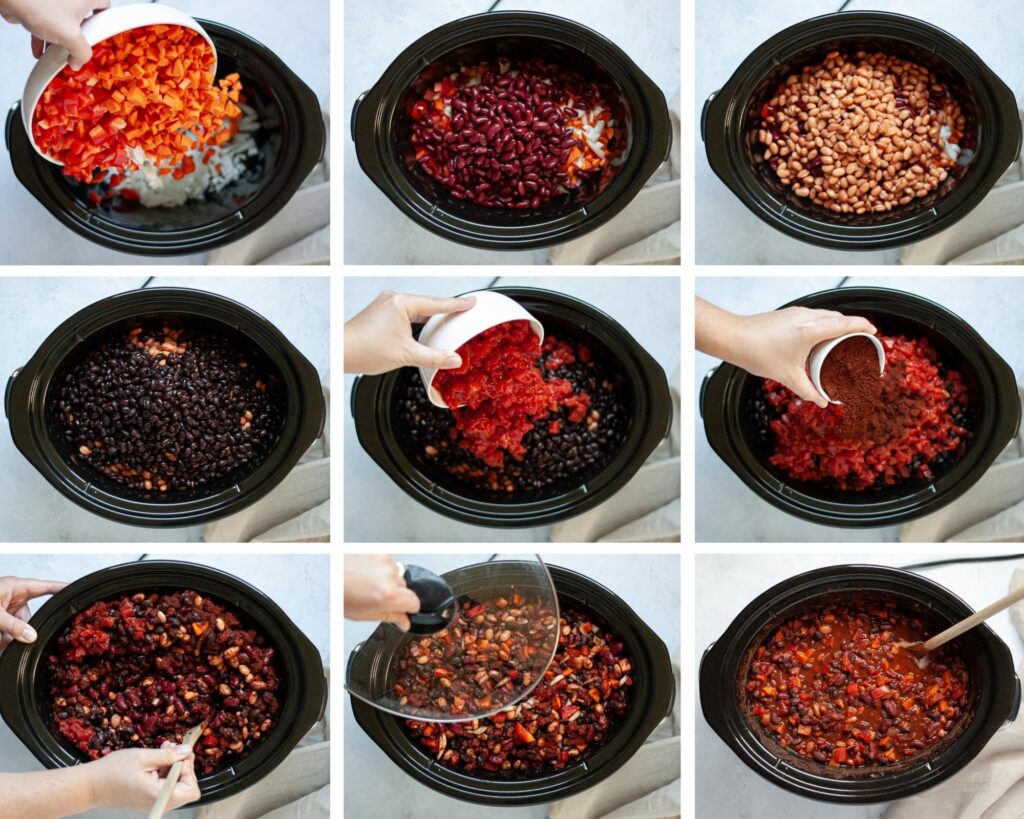 Collage showing the steps to make this vegan chili recipe in a slow cooker.