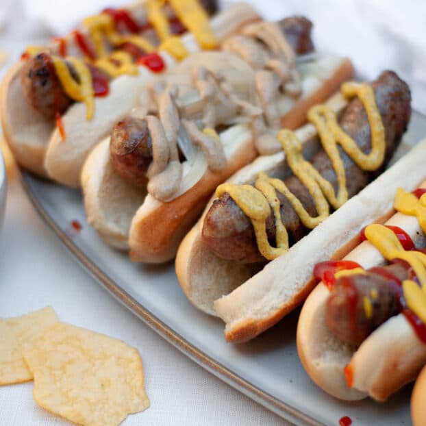 close up of a serving tray covered with beer brats on buns and topped with a variety of toppings like donions, mustard, and ketchup.
