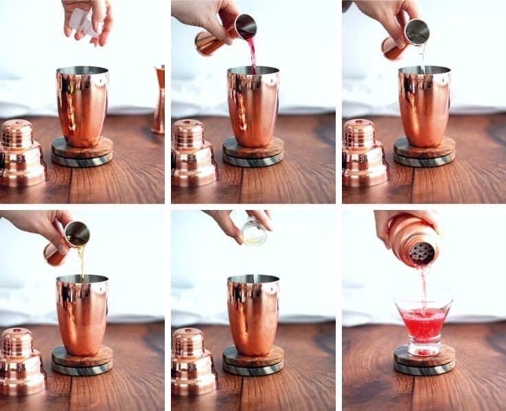 6 image collage showing how to make a cranberry cosmo cocktail.