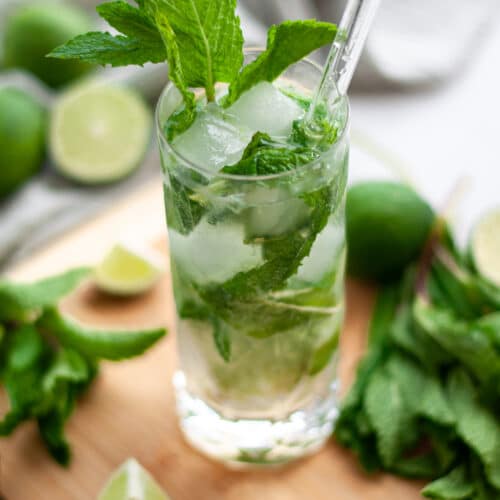 Highball glass filled with this mojito mocktail recipe. The glass has a sprig of mint for garnish and a straw, and is sitting on a cutting board covered in additional mint and lime wedges.