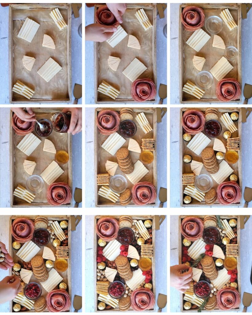 9 image collage showing step-by-step how to make a charcuterie board.