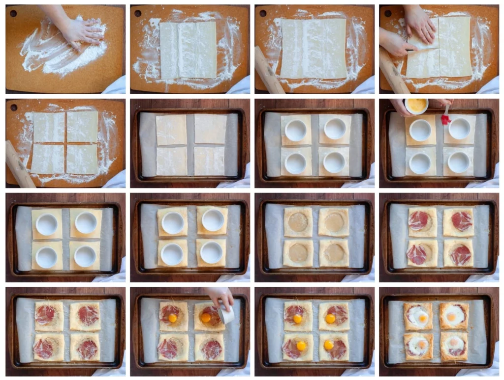 16 image collage showing the steps to make these puff pastry egg tarts. Starting with flouring your surface to recieve the puff pastry and ending with four perfectly cooked egg tarts.
