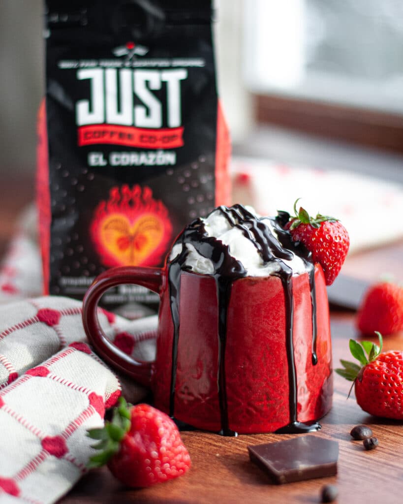 chocolate covered strawberry coffee recipe. partnership example with just coffee co-op.