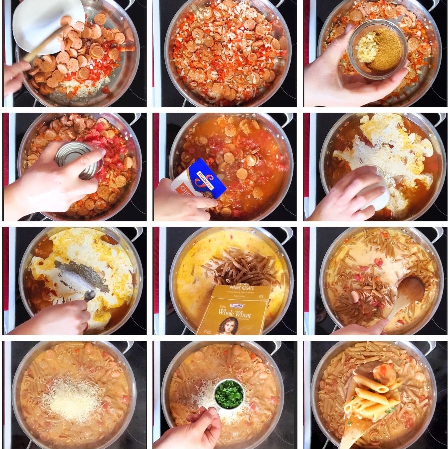 12 image collage showing the process of making this sausage cajun pasta recipe.
