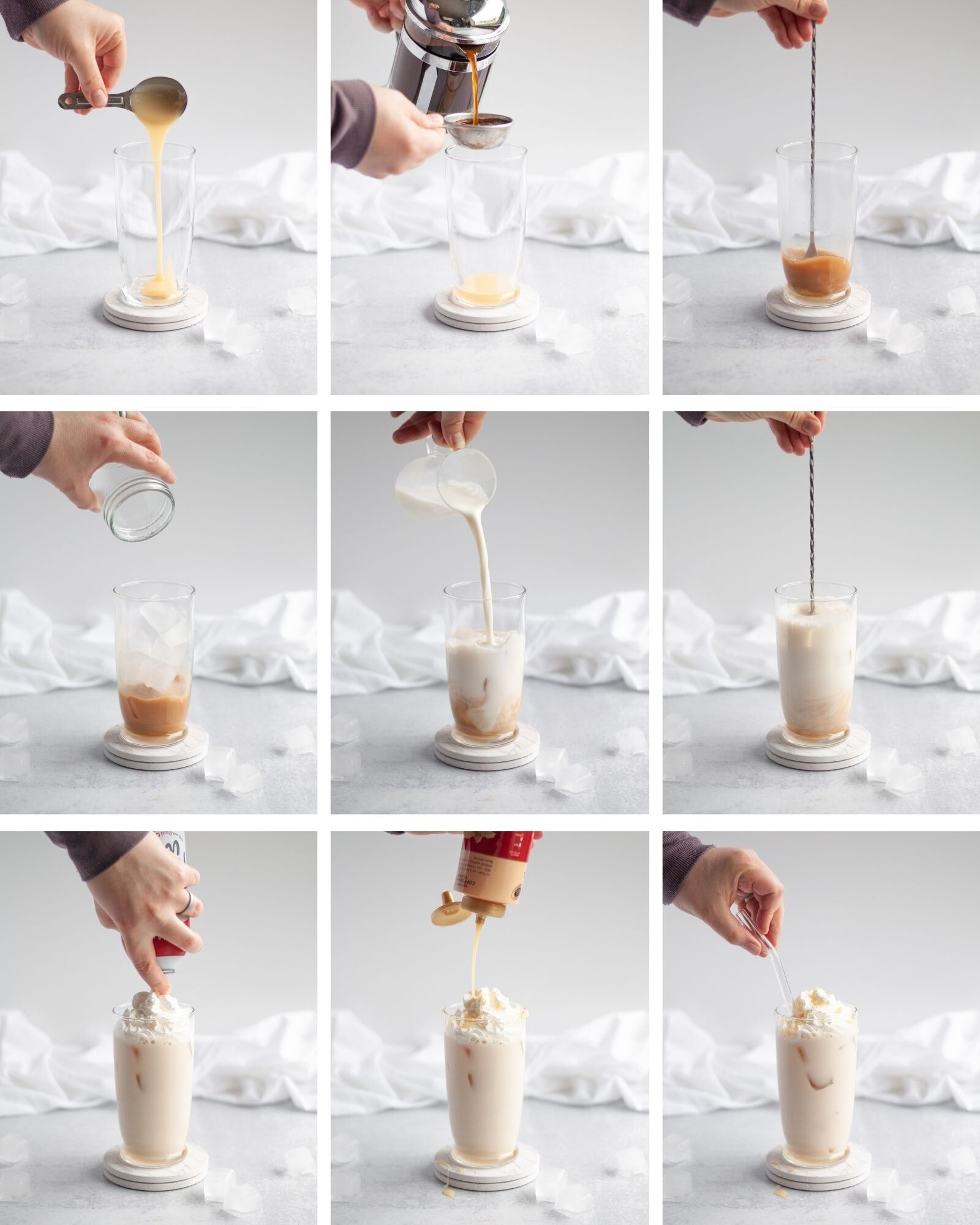 collage showing how to make starbucks iced white chocolate mocha at home