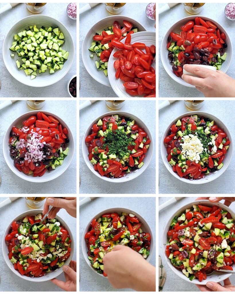 9 image collage showing how to make a tomato cucumber salad Mediterranean.