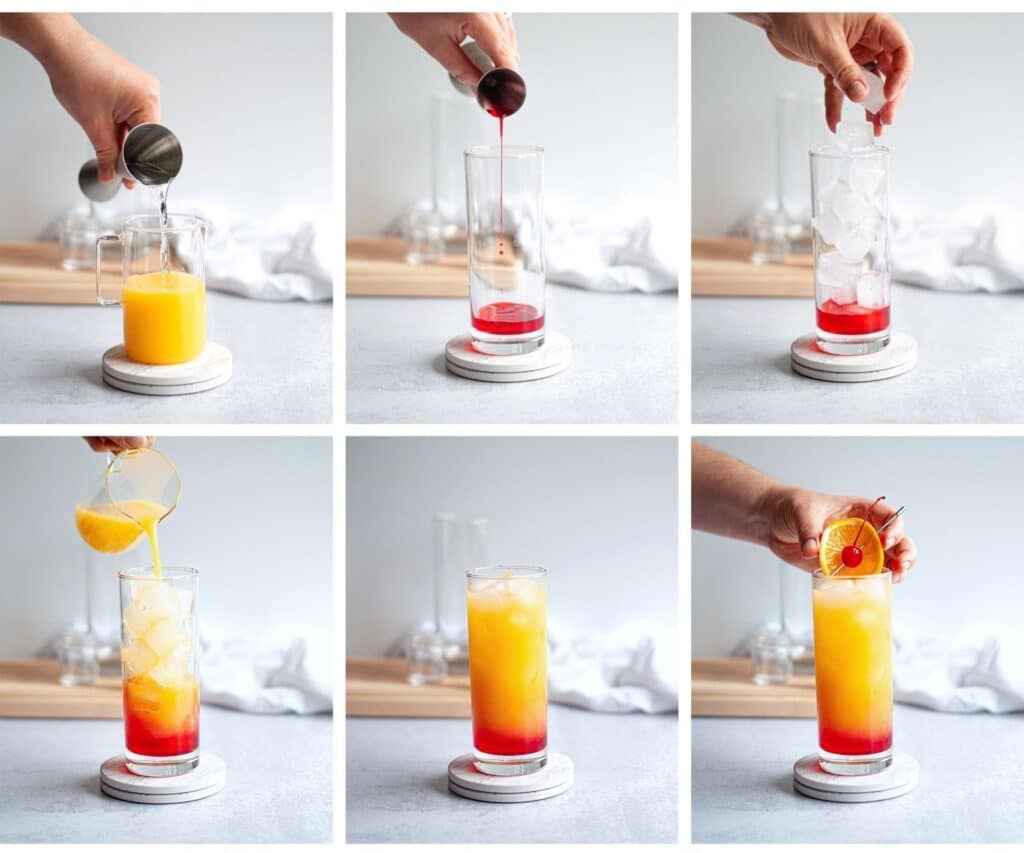 collage of 6 images showing how to make a vodka sunrise cocktail.