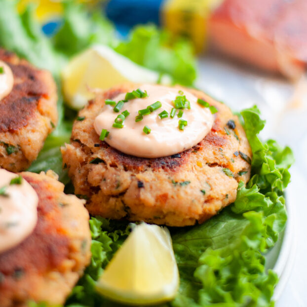 close up of a plate of smoked salmon patties, topped with a sauce and fresh chives. The smoked salmon cakes are sitting on leaves of lettuce with lemon wedges.