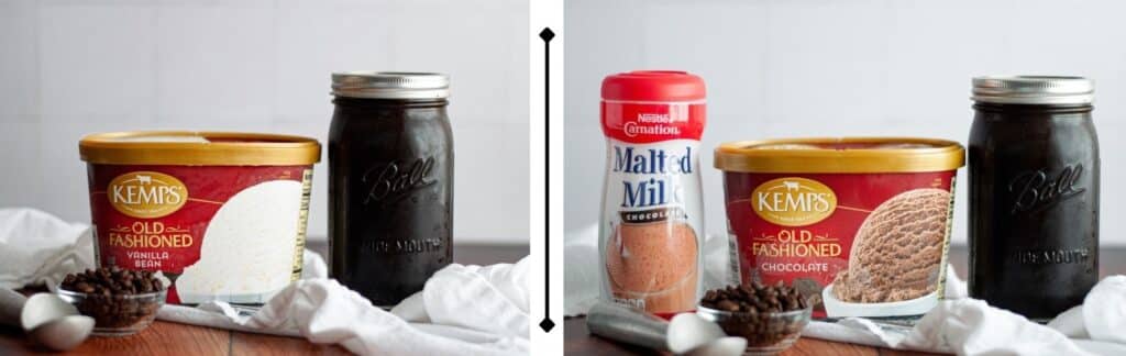 side by side ingredient shot showing what is needed to make these coffee milkshake recipes.