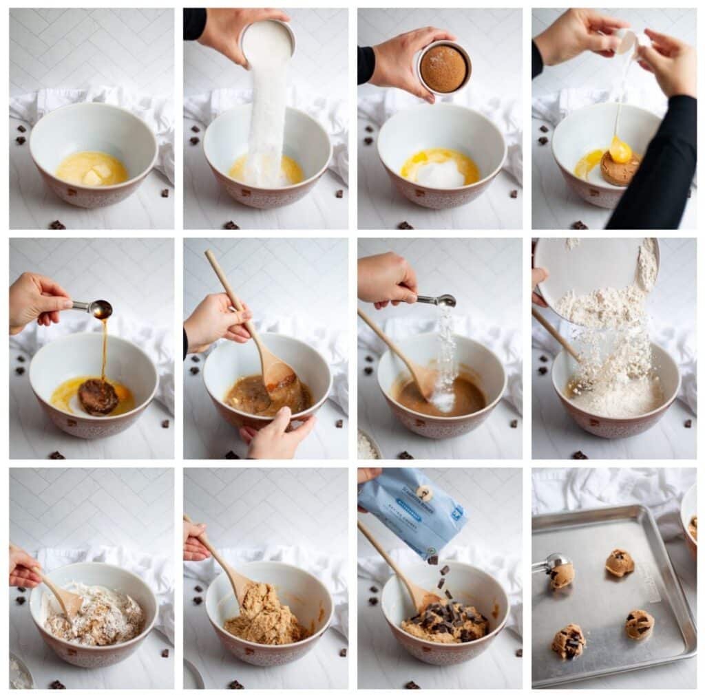 16 image collage showing how to make chocolate chunk cookies