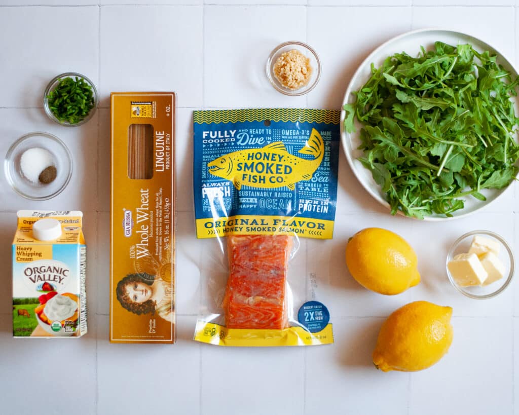 ingredients needed to make creamy lemon pasta with smoked salmon.