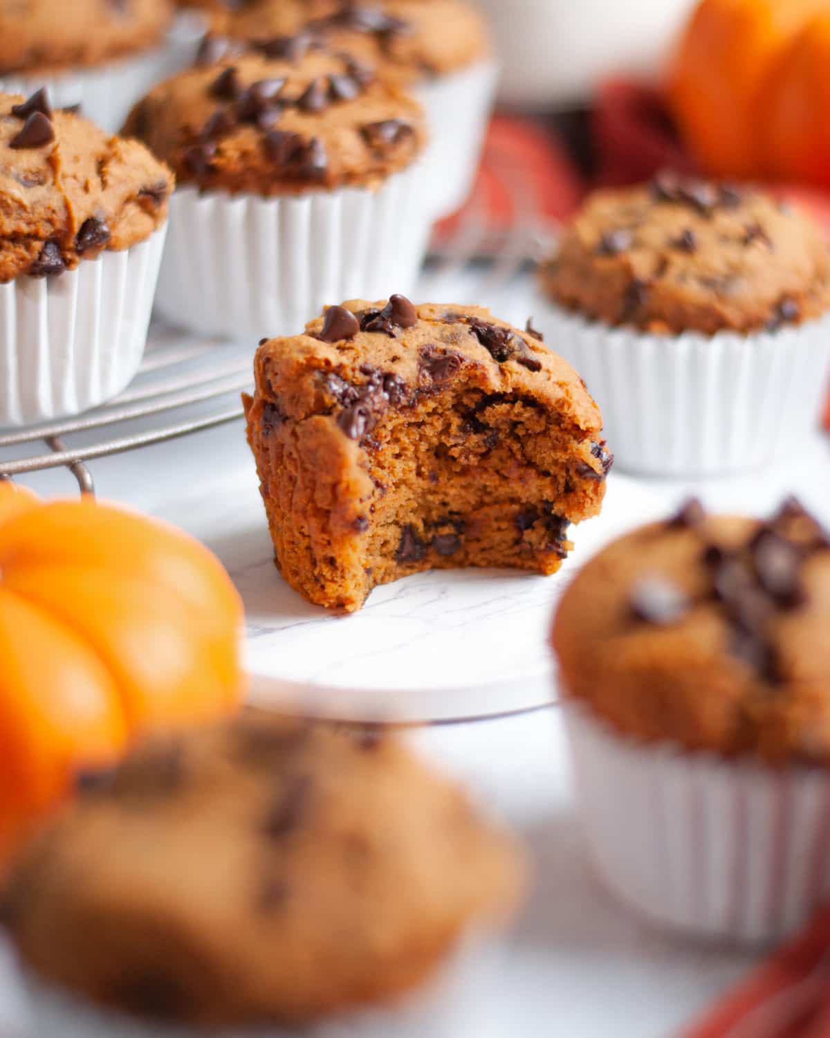 a pumpkin chocolate chip muffin with a bite out of it sitting on a white coaster. The muffin is surrounded by additional 3 ingredient pumpkin muffins, mini pumpkins, and an orange linen.