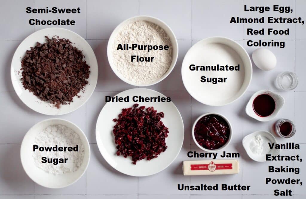 ingredients needed to make cherry chocolate crinkle cookies.