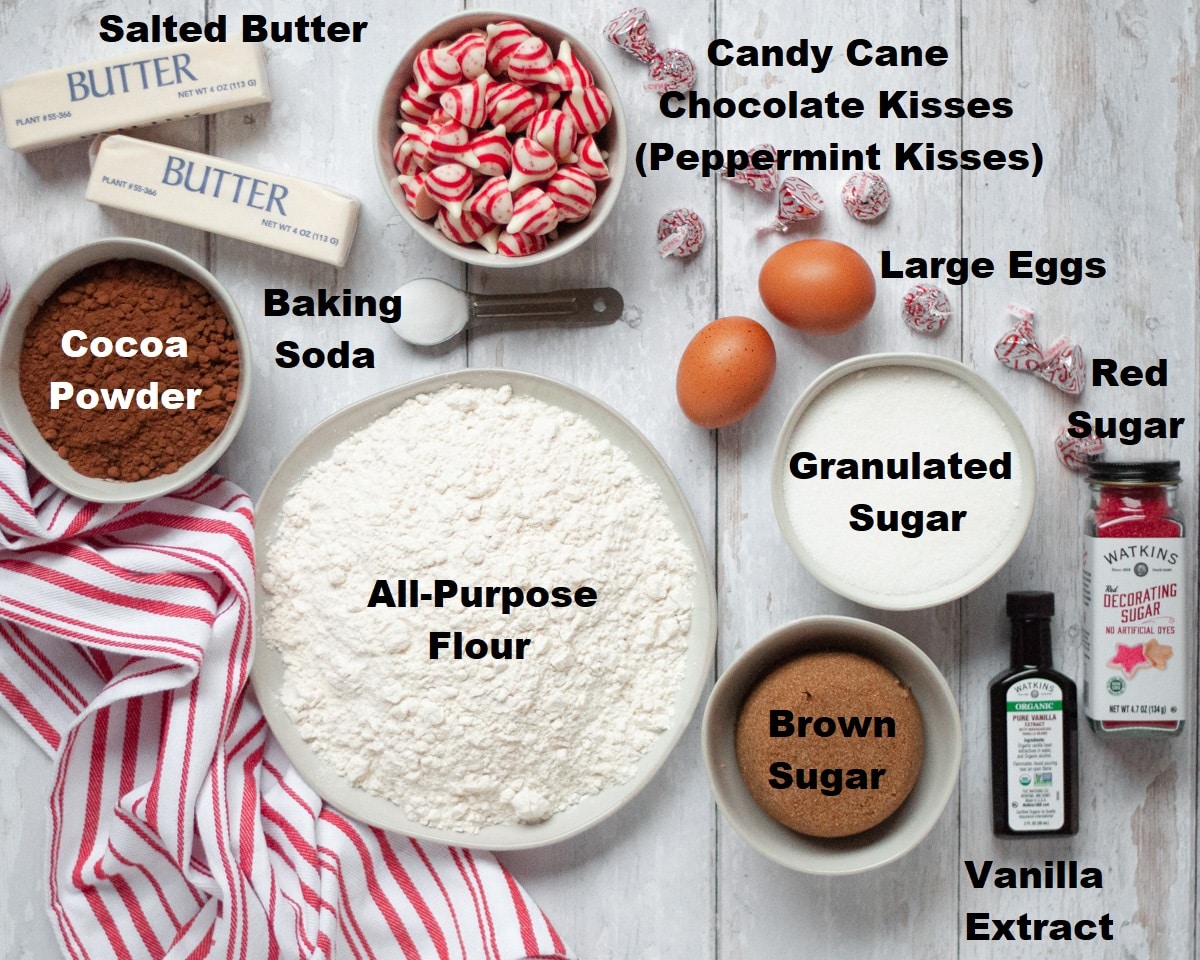 Ingredients to make Chocolate Peppermint Kiss Cookies.