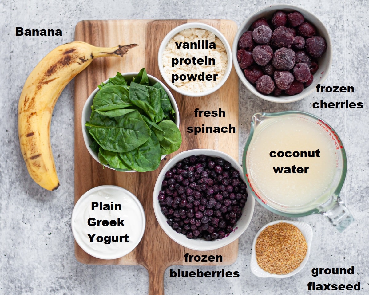 ingredients needed to make a cherry smoothie with spinach.