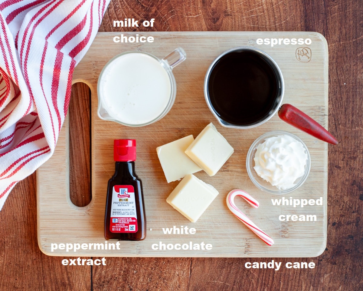 ingredients to make a peppermint white chocolate mocha.
