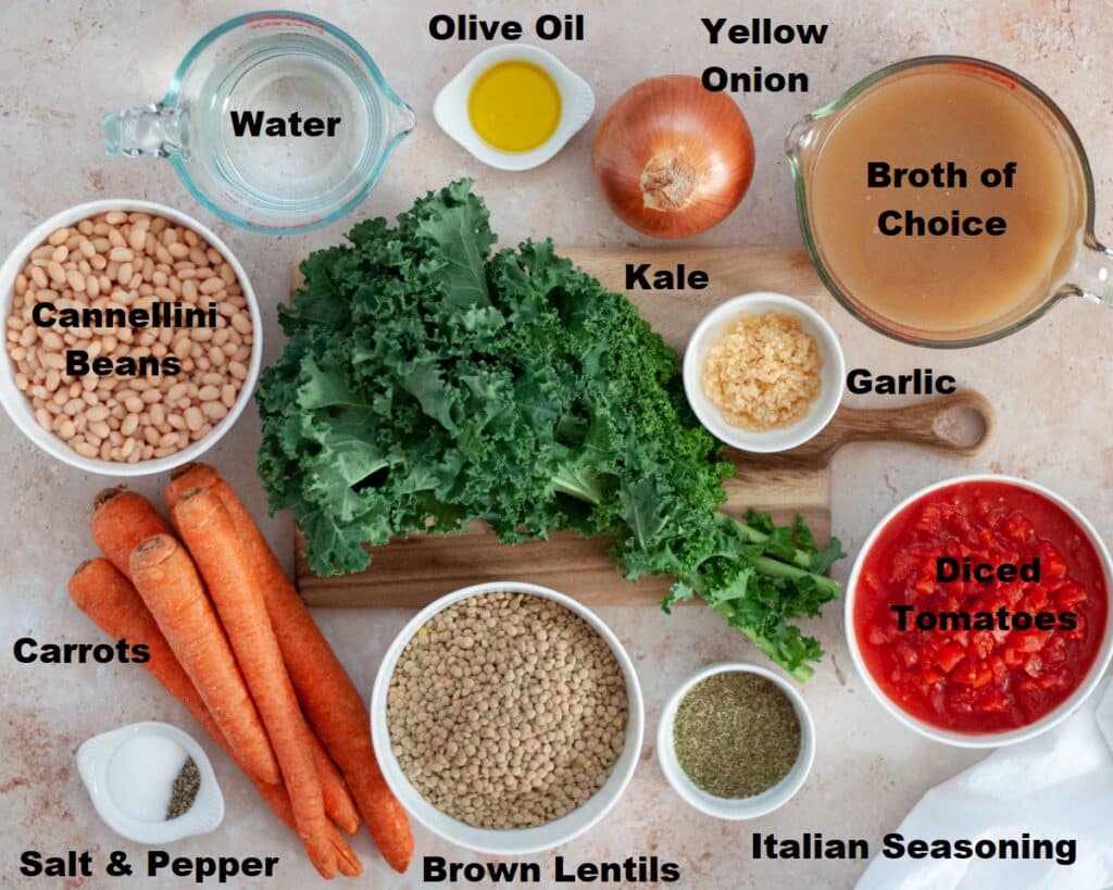 ingredients needed to make tuscan kale soup with white beans and lentils.
