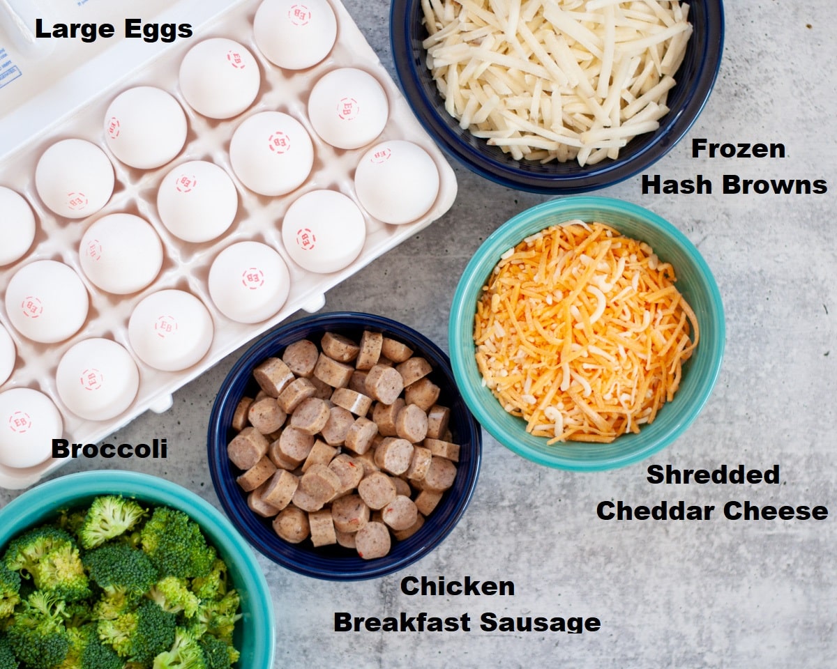 ingredients needed to make broccoli cheese chicken sausage egg bake.