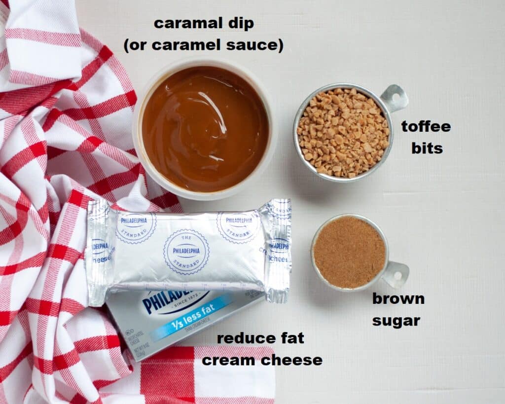 ingredients to make homemade caramel apple dip with toffee bits.