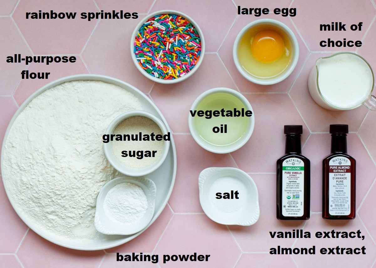ingredients needed to make homemade funfetti pancakes from scratch.