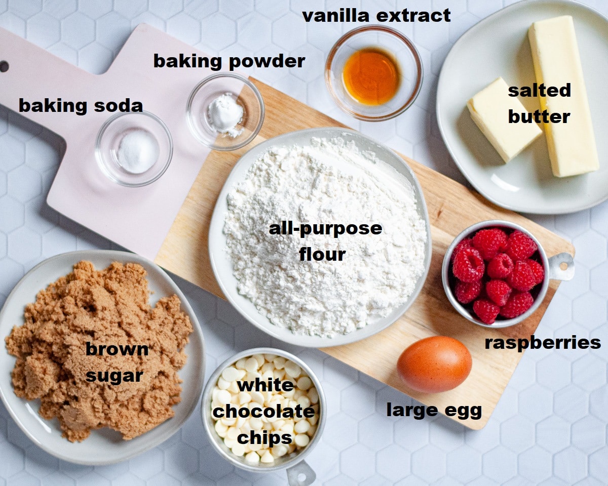 ingredients needed to make raspberry white chocolate blondies.