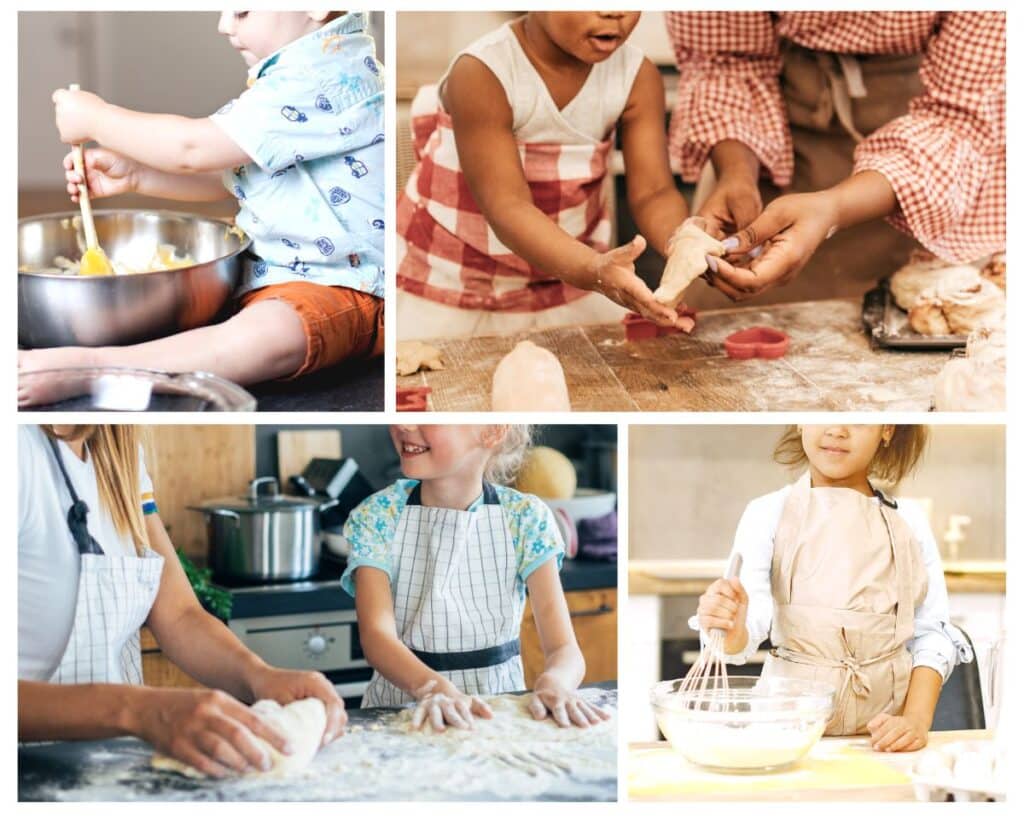 4 image collage showing kids cooking. top left and bottom right images show kids mixing things in large bowls. top right and bottom left images show kids working on baking projects with a parent.
