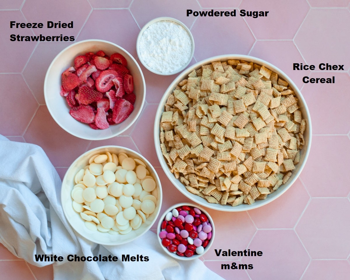 ingredients needed to make valentines strawberry puppy chow.