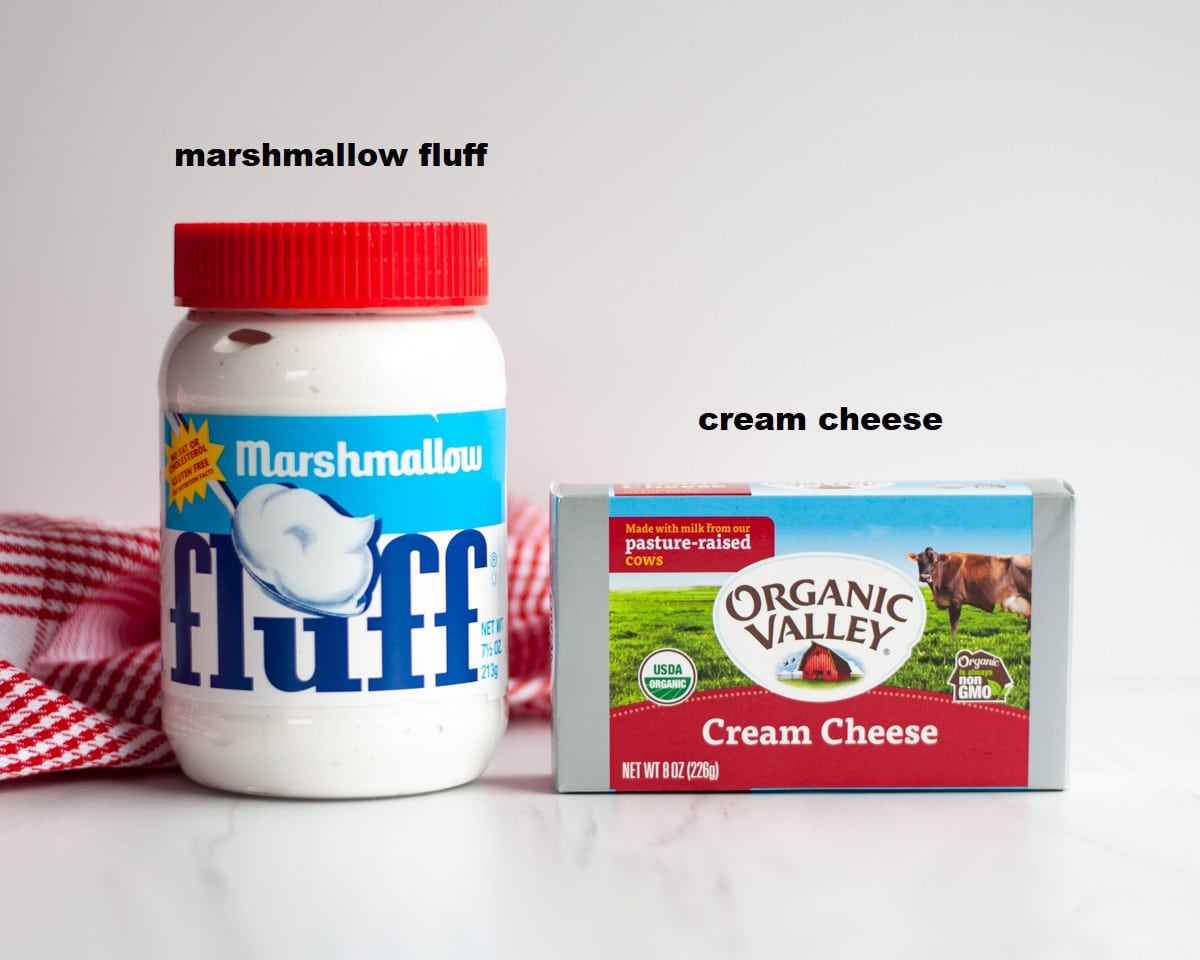 ingredients needed to make 2 ingredient fruit dip with marshmallow fluff and cream cheese.